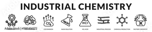 A specialized banner focusing on industrial chemical processes and large-scale production systems in Lineal Icon Style