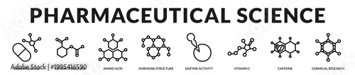 A premium banner illustrating pharmaceutical compounds, medical chemistry, and drug development research in Lineal Icon Style