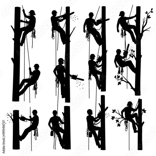 Arborist silhouettes climbing trees with chainsaws and ropes