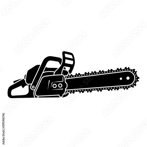 Black chainsaw silhouette on white background