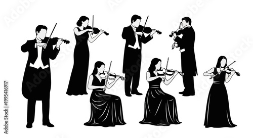 Orchestra musicians playing violins in silhouette