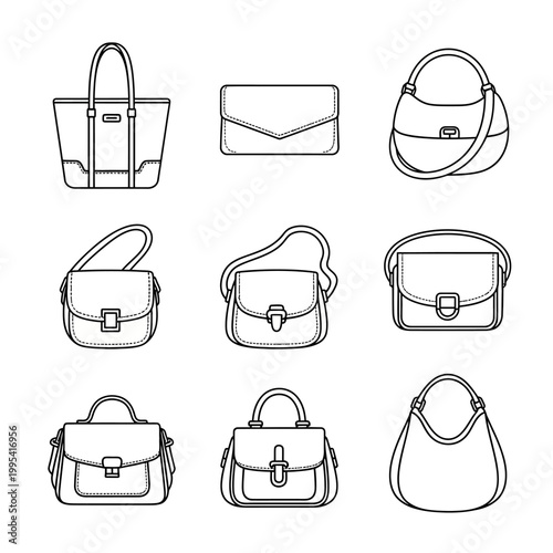Collection of nine outline fashion handbags and purses