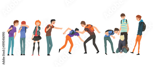 People arguing and fighting set. Aggressive teenagers mocking at classmate. Aggressive Teenagers Bullying Classmates Set, Teenage Aggression and Violence Cartoon, vector illustration.