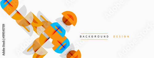 Abstract geometric shapes overlap, creating dynamic visual texture. Orange, gray, blue hues dominate minimalist design.