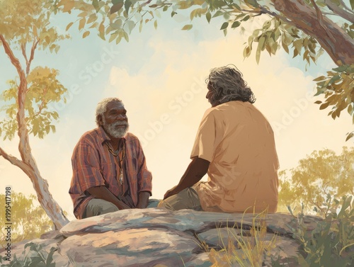 Indigenous healer and middle-aged man in outdoor healing ceremony, sharing wisdom
