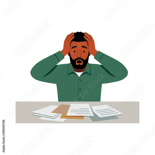 A frustrated man sits at a desk overwhelmed by paperwork