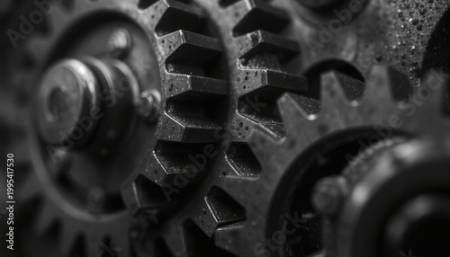 Interlocking mechanical gears in motion, symbolizing complex systems, precision engineering, and industrial progress for presentations.