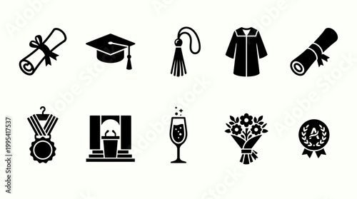 Minimalist black graduation icon set featuring mortarboard, diploma, gown, medal, podium and flower bouquet on white background, concept for academic achievement, education and university commencement