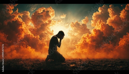 Hope Amidst Stormy Skies A Solitary Figure in Prayer or Contemplation Under Dramatic Celestial Light