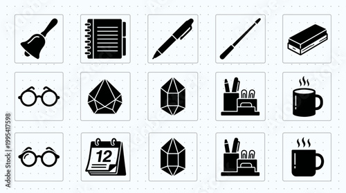 Collection of black solid office icons including notebook, pen, glasses, calendar and coffee mug on white background, concept for administrative assistant tasks, project management and branding