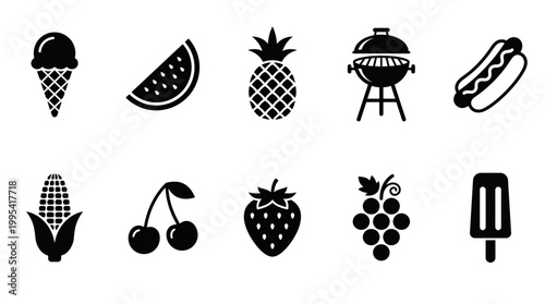 Black flat icons set of summer food and barbecue items including ice cream fruits hotdog and grill on white, concept for restaurant menu design, picnic promotion and outdoor party advertising