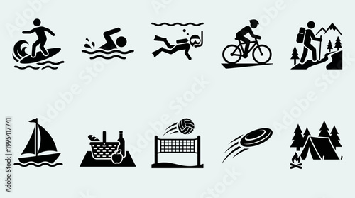 Black icons showing office managers and executives enjoying summer activities like surfing hiking and camping, concept for corporate retreat, work life balance and team building