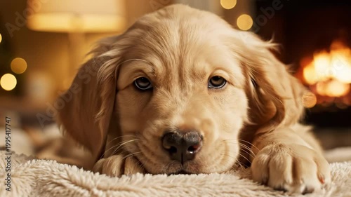 Adorable Golden Retriever Puppy Relaxing by the Fireplace.