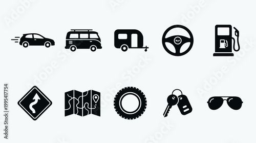 Set of road trip and car travel icon silhouettes with camper van, gas pump, map, tire, keys and steering wheel on white background, concept for vacation planning, automotive service and logistics