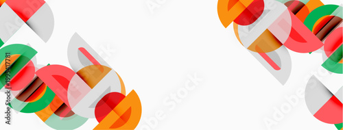 Abstract geometric shapes overlap, creating colorful patterns. White background emphasizes vibrant orange, green, red, gray elements.