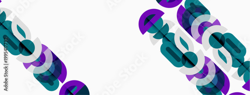 Abstract design features repeating curved shapes. Teal, purple hues dominate white background. Modern, minimalist aesthetic.