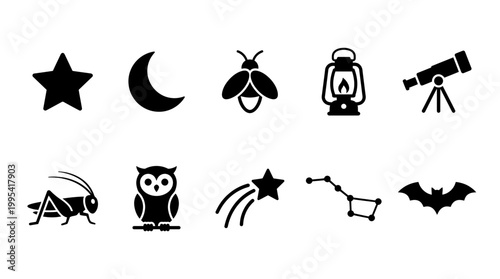 Set of night life and astronomy icons including moon, stars, owl, bat, telescope and lantern on white background, concept for nocturnal wildlife, stargazing apps and outdoor camping branding