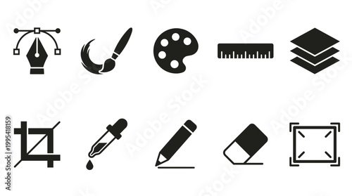 Vector set of minimalist black graphic design icons including pen tool, brush, palette, ruler and layers, concept for creative studio branding, digital artist workflow and professional web design