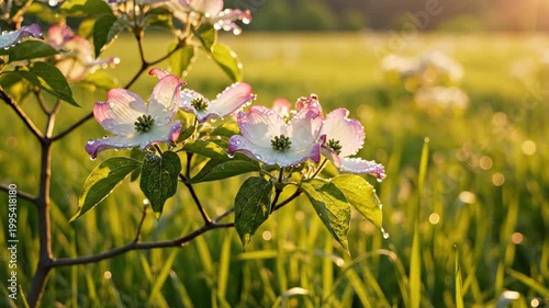 Beautiful Dogwood Blossoms in a Lush Green Meadow at Sunset.