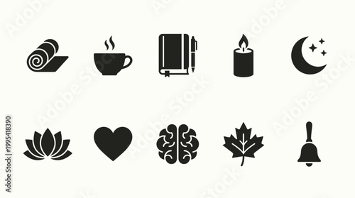 Collection of black mindfulness and wellness line icons including yoga mat lotus brain and heart on white background, concept for meditation app, health blog and self care branding