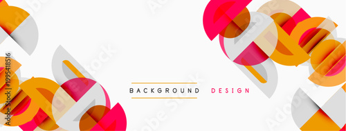 Abstract geometric shapes overlap, creating vibrant modern design. Orange, pink, gray tones dominate composition. Minimalist banner style.
