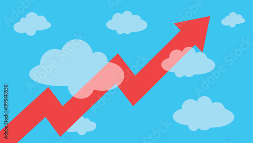 Red Zigzag Business Arrow Rising in Blue Sky with Clouds Representing Volatile Growth and Risky Market Expansion