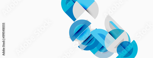 Abstract blue shapes overlap, creating dynamic composition. Minimalist design with clean lines, modern aesthetic. Light background enhances visual impact.