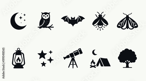 Minimalist black silhouette icons featuring nocturnal animals like owl and bat with camping elements like tent and lantern, concept for outdoor adventure, nature education and event graphics