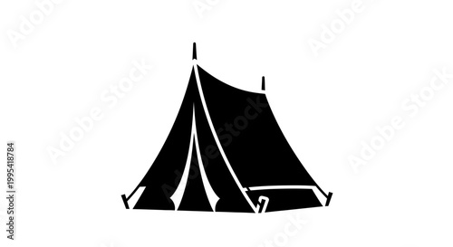 A minimalist black tent icon on a white background, representing camping and outdoor adventure.