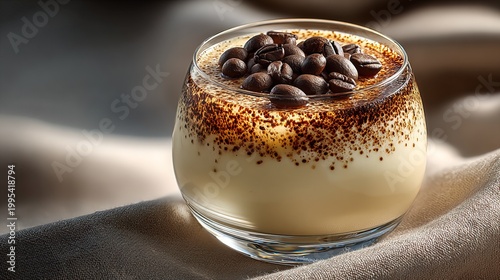 Close Up Gourmet Creamy Coffee Bean Topped Dessert Pudding Glass on Fabric Background