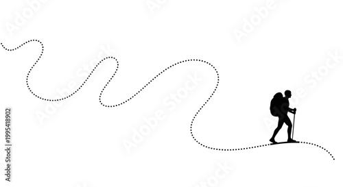 Quadro em tela A minimalist vector graphic of a hiker following a winding dotted path