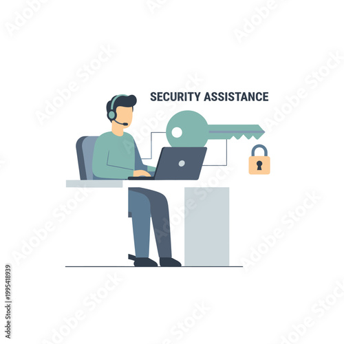 Security Technician Working On Laptop With Lock Illustration.