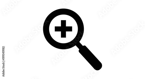 A black and white vector graphic of a magnifying glass with a medical cross symbol inside the lens, used for healthcare and search concepts.