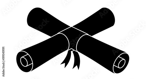 A minimalist vector graphic of two crossed scrolls tied with a ribbon