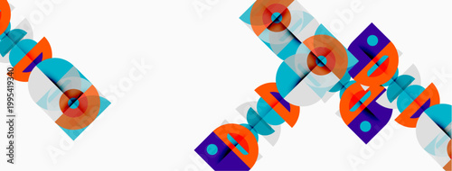 Abstract geometric shapes overlap, creating vibrant patterns. Blue, orange, purple hues dominate white background. Modern design elements present.