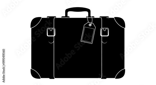 A minimalist black and white illustration of a vintage suitcase with a luggage tag