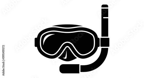 A black and white vector graphic illustration of a scuba diving mask and snorkel