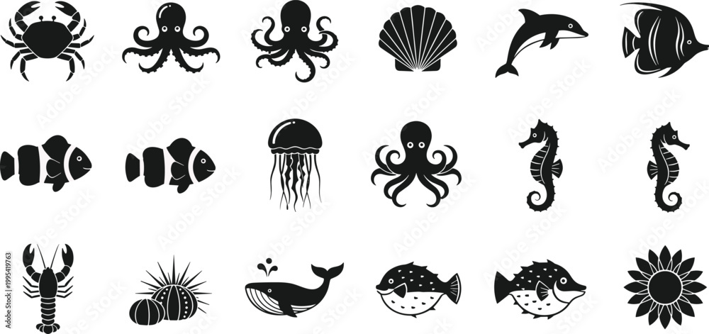 Fototapeta premium Black silhouette sea creature icons representing marine life, ocean animals, underwater biodiversity, aquatic nature, and educational design concepts