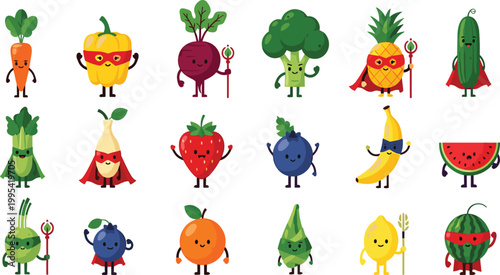 Set of Cute Flat Fruit and Vegetable Superhero Characters Vector Illustration Featuring Carrot Bell Pepper Beetroot Broccoli Pineapple Cucumber Celery Strawberry Banana Watermelon Orange Lemon Element