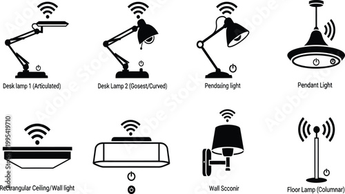 Vector Icon Set of Smart Home Lighting Fixtures Including Desk Lamps Pendant Lights Wall Sconces and Floor Lamps with Wireless Signal Symbols