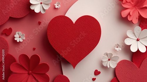 Layered Paper Craft Elegant Red Heart and Decorative Floral Elements on Romantic Background for Valentine Holiday Design