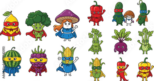 Large set of cute fruit and vegetable superhero characters with capes and masks including broccoli corn mushroom pepper lemon watermelon and beet for healthy food education stickers.