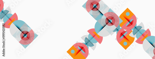 Abstract geometric shapes overlap, creating layered patterns. Soft colors dominate composition, offering modern aesthetic.