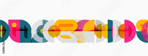 Abstract geometric shapes overlap, creating colorful pattern. Minimalist design uses circles, arcs, lines. Bright hues dominate white background.