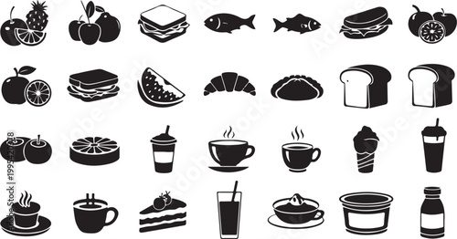 Black and white food and drink icon set flat design isolated on transparent background, Vector
