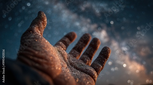 Artistic Close up Human Hand Reaching Out Under a Starry Night Sky with Sparkling Dust Particle