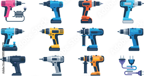 Cordless electric drill vector set with power tools collection featuring modern handheld drilling machines flat workshop equipment icons