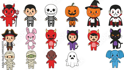 Large set of cute children characters in Halloween costumes including devil vampire skeleton pumpkin pirate ghost mummy cat and elephant for spooky holiday stickers.