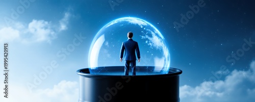 Man in Suit Standing Inside Transparent Dome Against Starry Sky