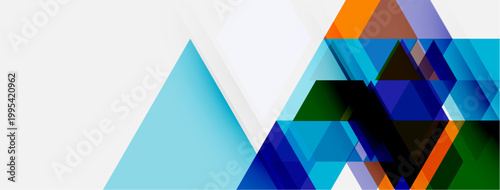 Abstract geometric shapes, triangles, squares overlap. Blue, orange hues dominate design. Modern, clean aesthetic.
